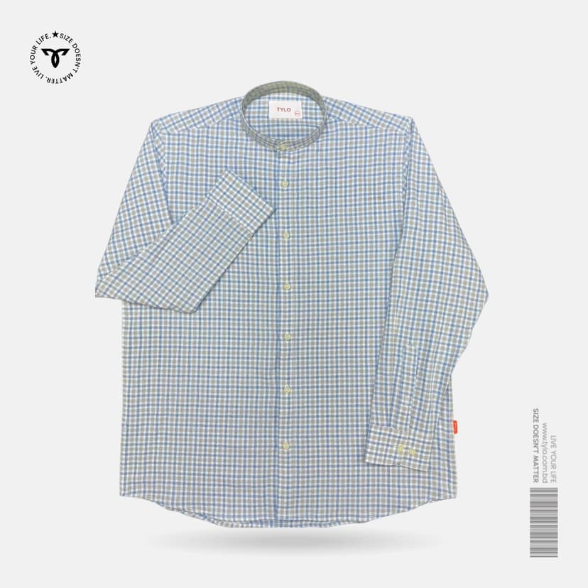 Sky Grid Check Band Collar Shirt