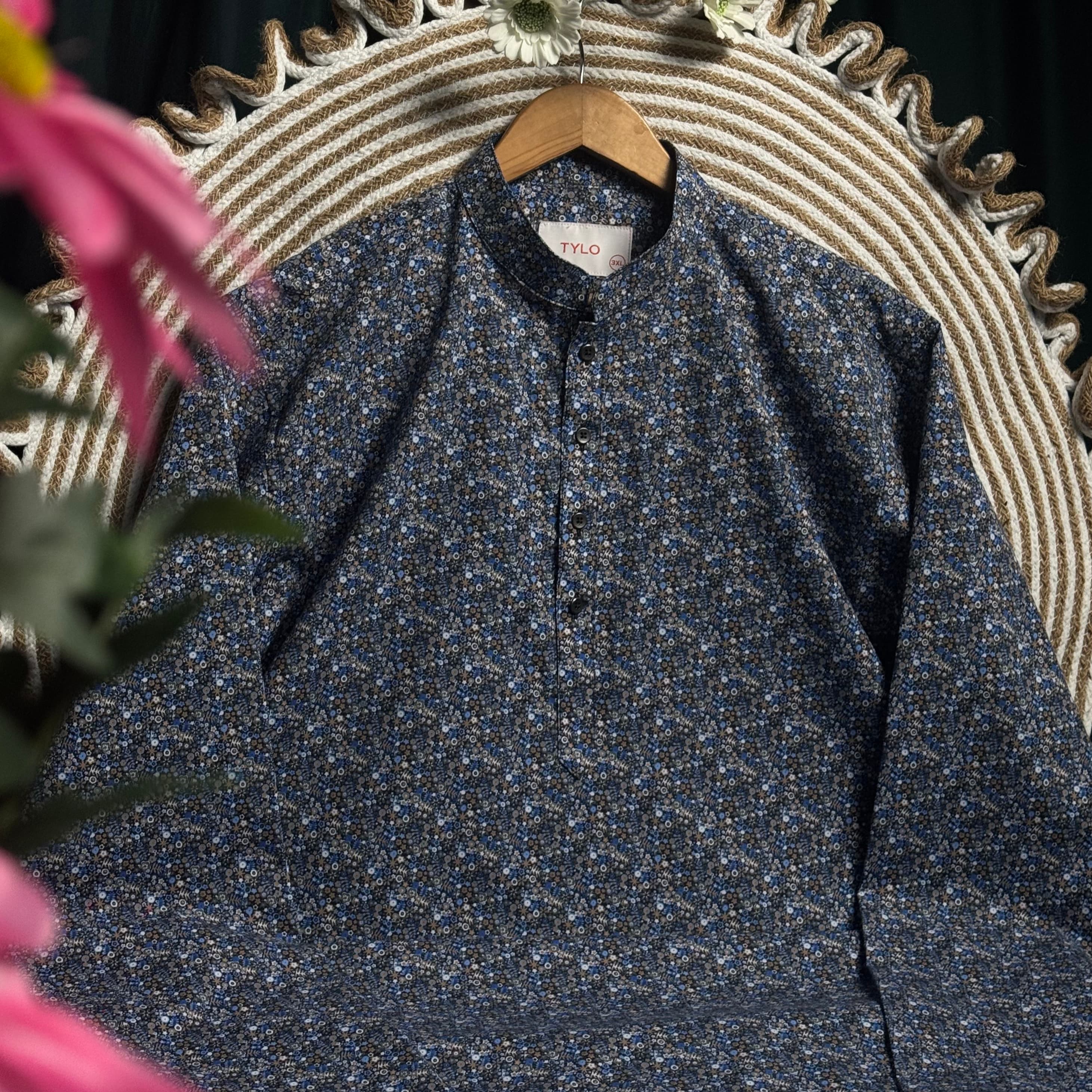 Navy Blue Micro Floral Regular Fit Panjabi