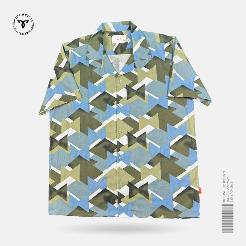Geo Olive Blue Cuban Shirt