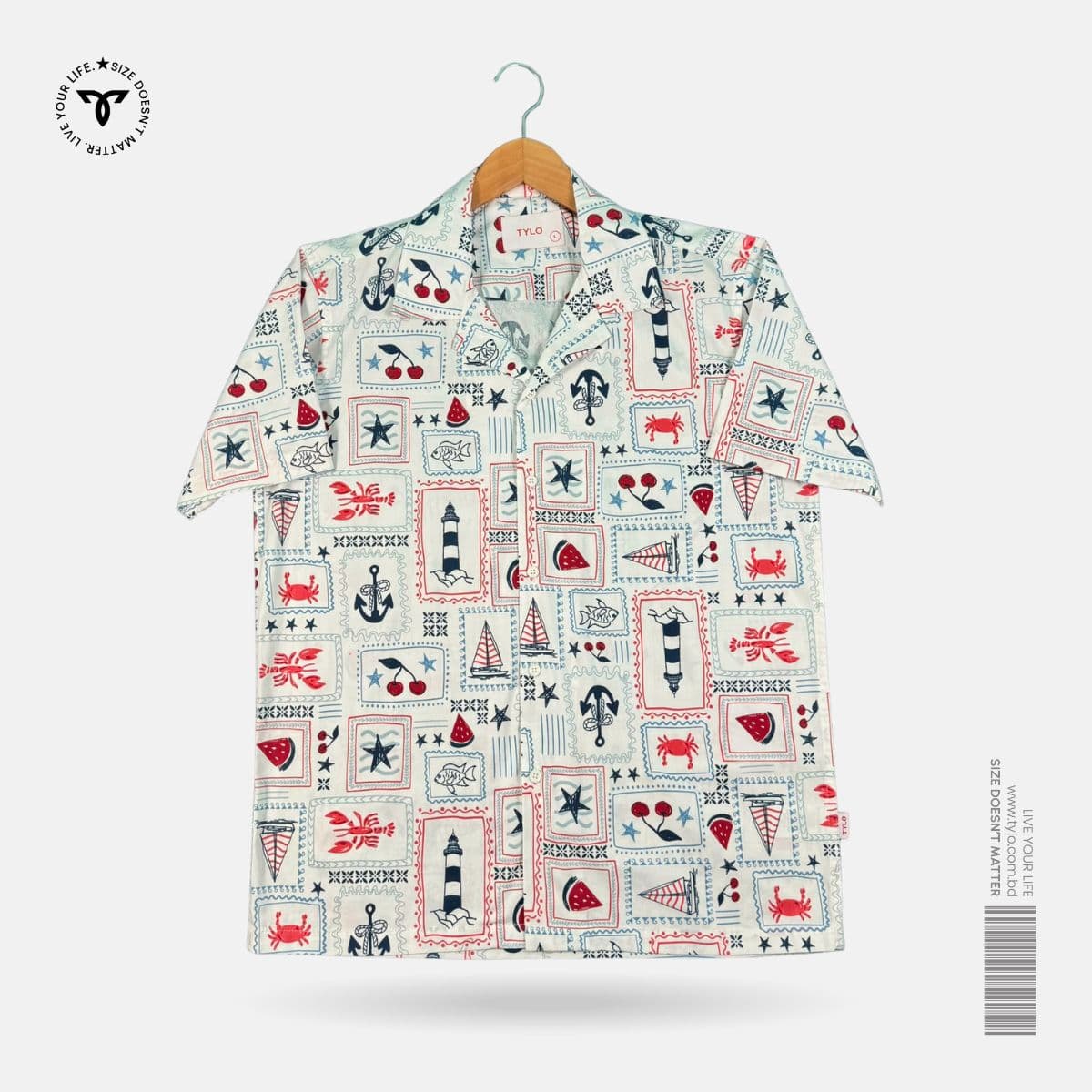 White Nautical Print Cuban Collar Shirt