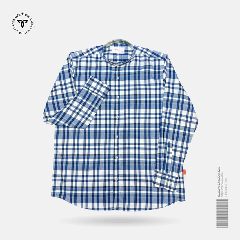 Royal Blue Plaid Band Collar Shirt