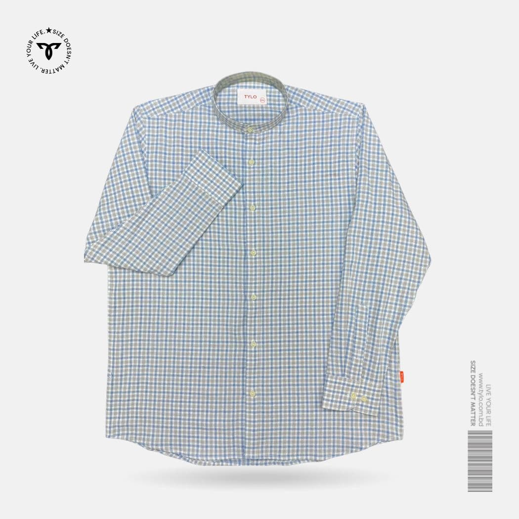 Sky Grid Check Band Collar Shirt